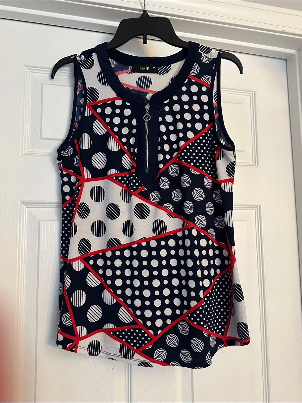 NAIF Navy White and Red Geometric Polka Dot Zip-Front Tank